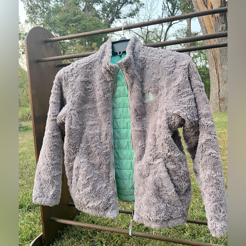 The North Face Girls 8-10 Jacket Coat Gray Plush Fleece/Aqua Zipper & Pockets